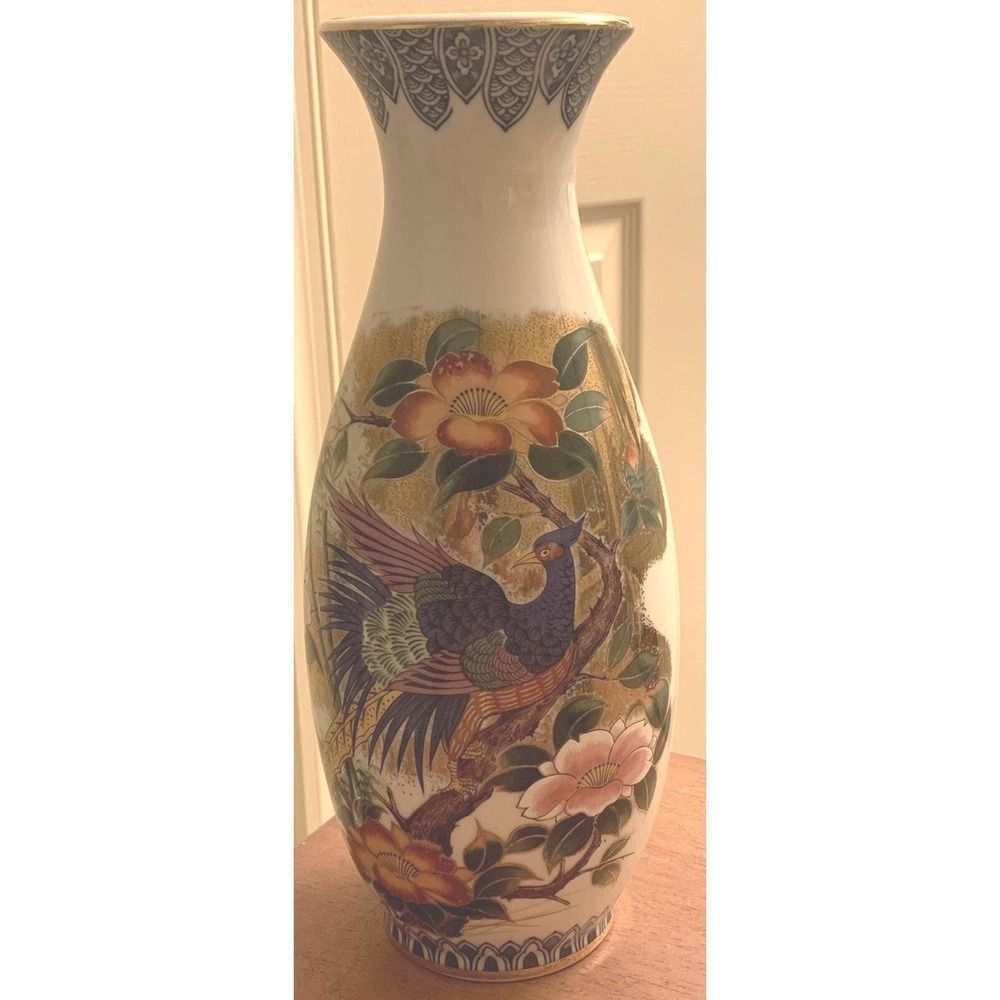Vintage OMC Japan Peacock And Flowers Vase 11 Inches‎ Tall